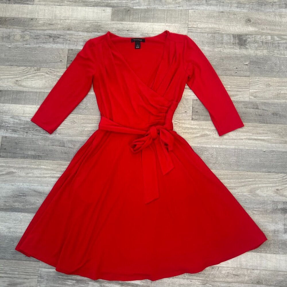 White House Black Market Red Faux Wrap Elbow Sleeve Dress Size 2 Tie Belt G19